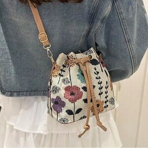 Floral Canvas Crossbody Bucket Bag Purse